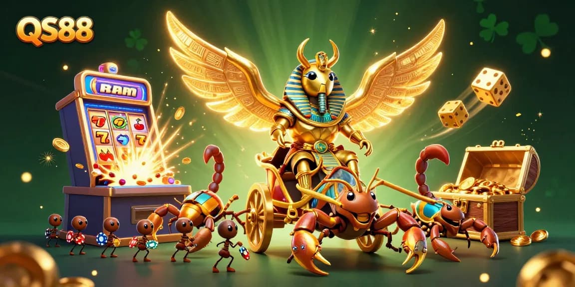 Experience the excitement of QS88 with vibrant slot machines and lively casino action in this 3D illustration.