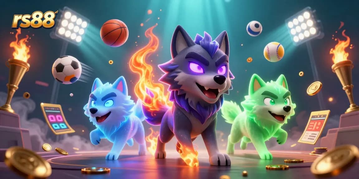 Experience the thrill of rs88 with a vibrant scene of sports betting excitement and 3D wolf characters.