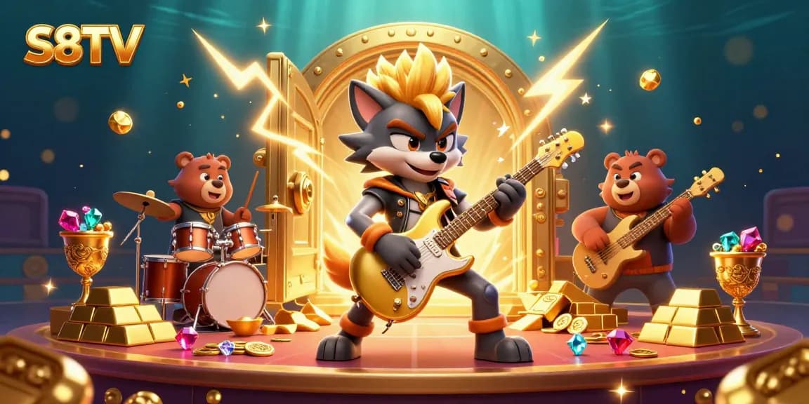 S8TV offers thrilling interactive betting moments, featuring vibrant casino art with a wolf rock star and drummer bear.