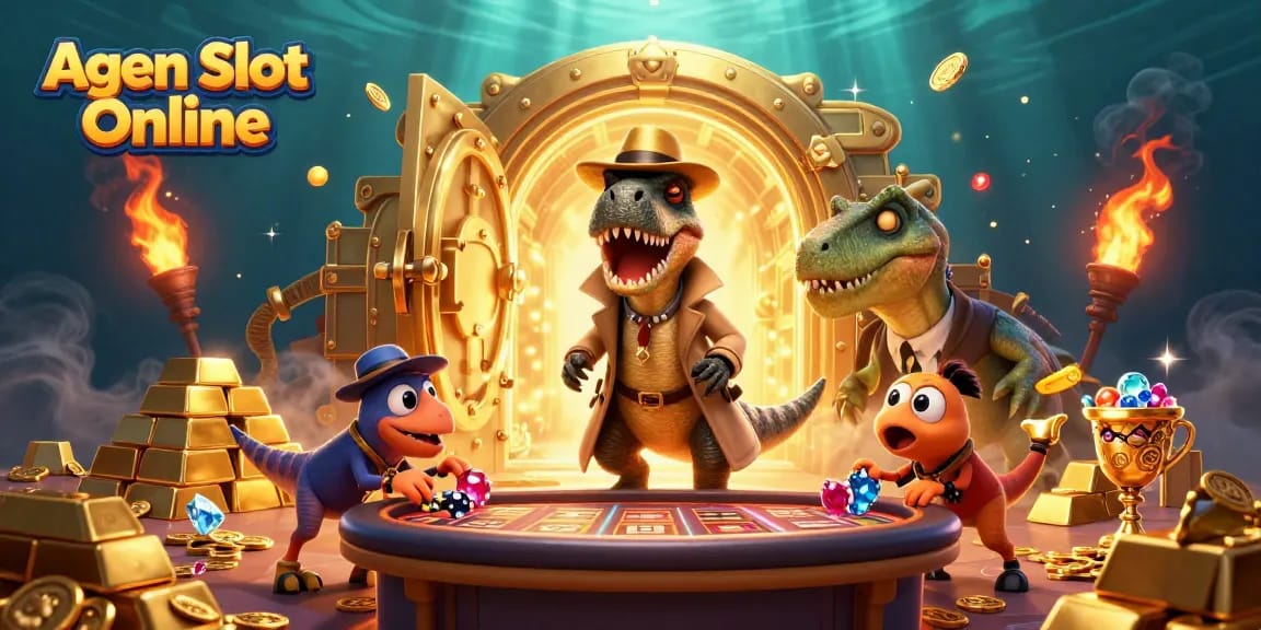 Engage with Agen Slot Online at a dynamic slot machine table in this colorful casino scene.