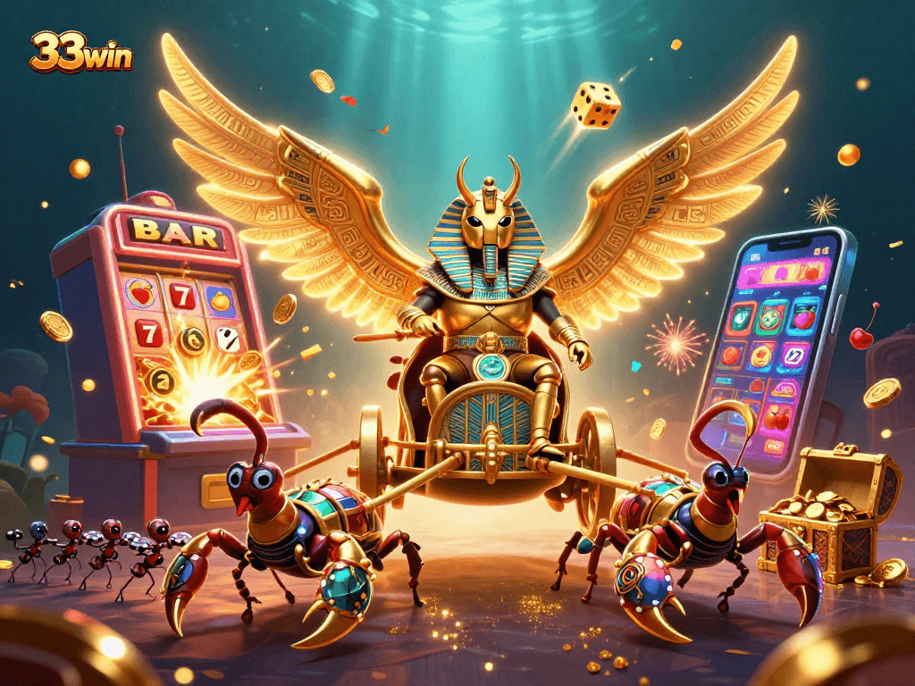 Engage with the vibrant 33win casino scene featuring a golden scarab and dynamic gaming elements.