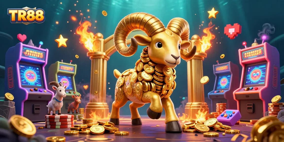 Engage with TR88's vibrant gaming experience featuring a golden ram charging through a casino landscape.