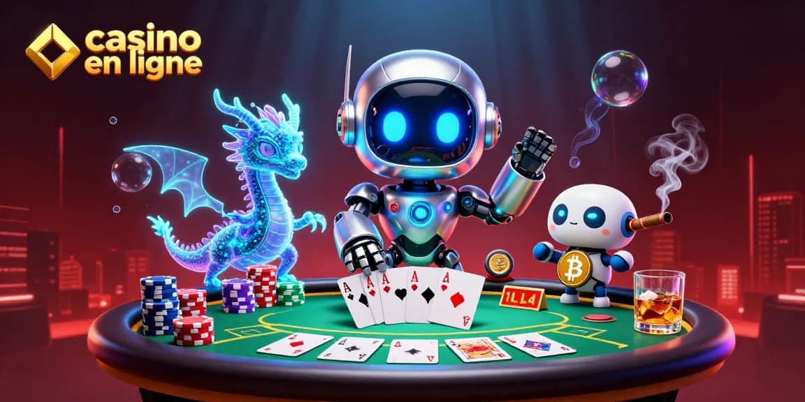 Découvrez le casino en ligne avec un robot cyberpunk, un dragon holographique et des jetons de poker colorés.