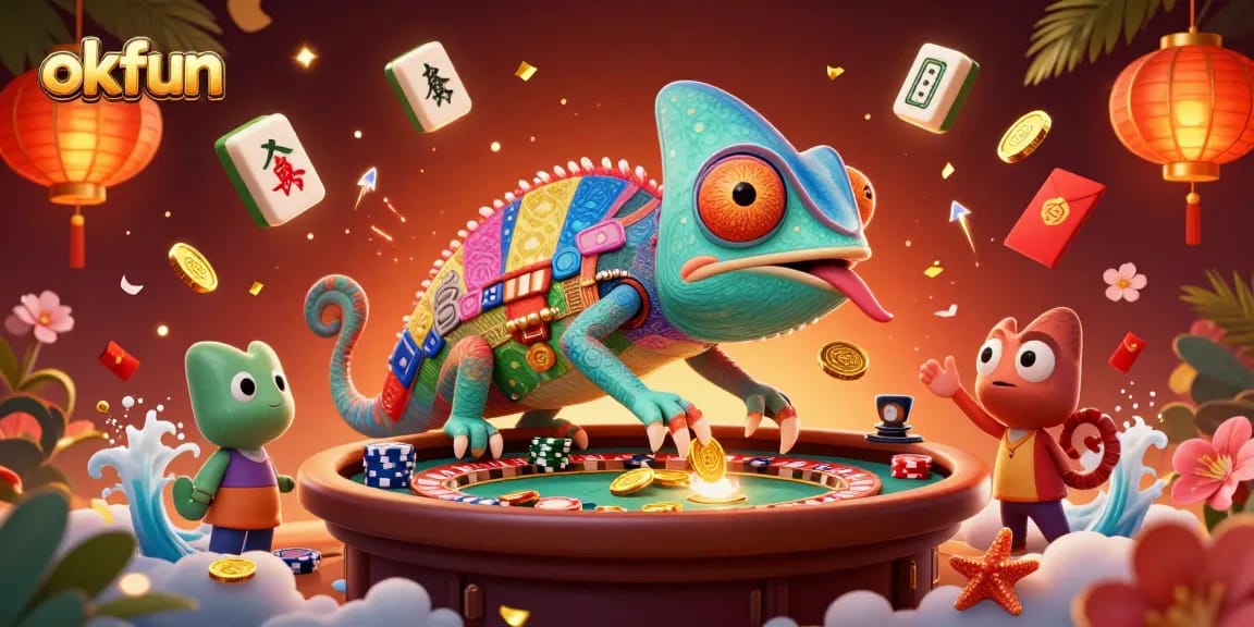 Experience the vibrant world of okfun with a dynamic casino theme, showcasing a colorful chameleon at play.