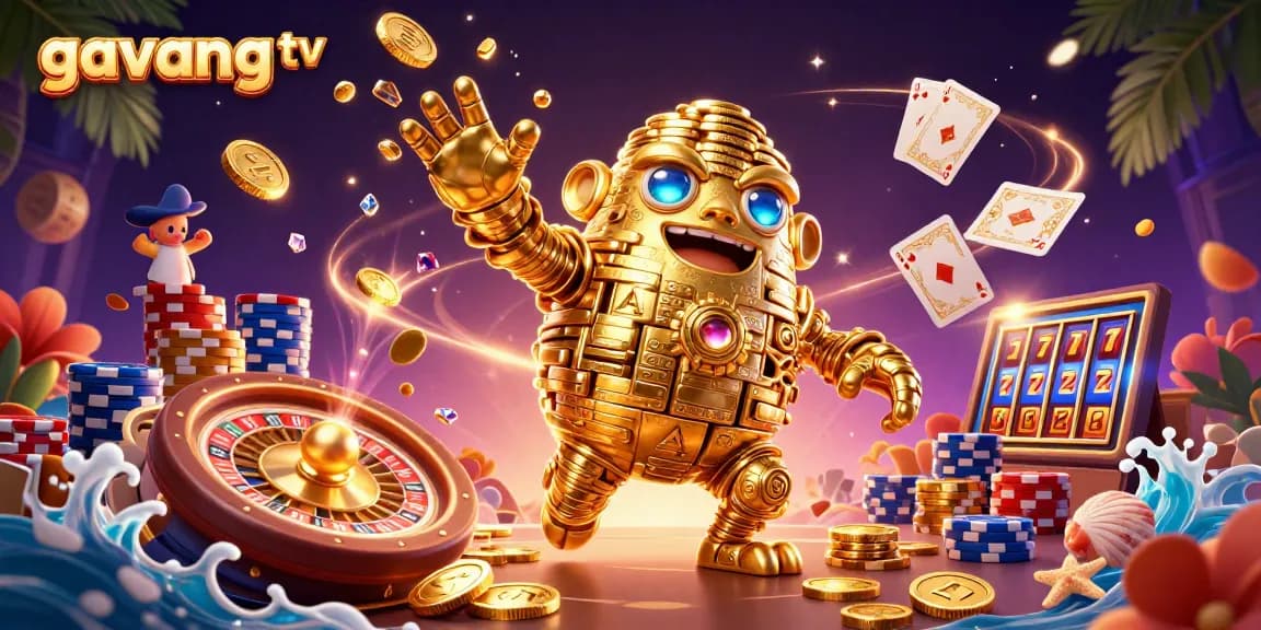 Experience the excitement of gambling with gavang tv's vibrant scene showcasing a golden golem, roulette, and poker
