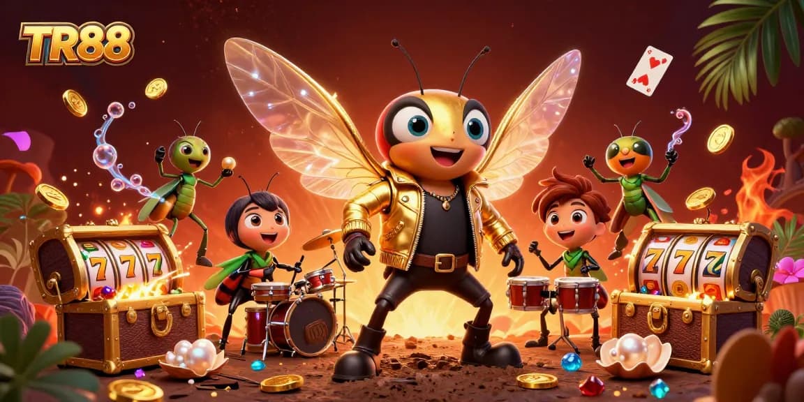 TR88 casino scene featuring a cartoon rock star with a golden jacket surrounded by playful game elements.