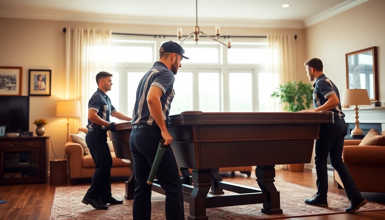 Expert pool table movers dallas safely relocating a pool table in a stylish living room.