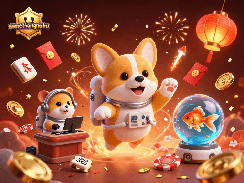 Engaging in thrilling gaming with gamethuongnohu, a 3D cartoon scene featuring playful elements from a space casino.
