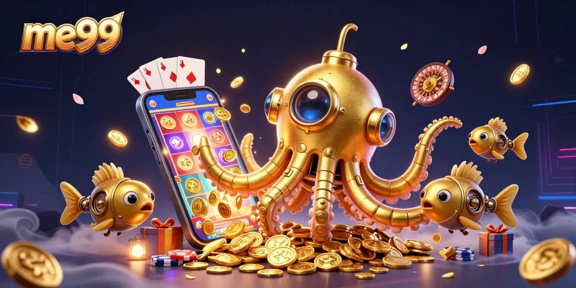 Engage with me99’s thrilling world as a kraken submarine surfaces amid gold coins, slot games, and poker!