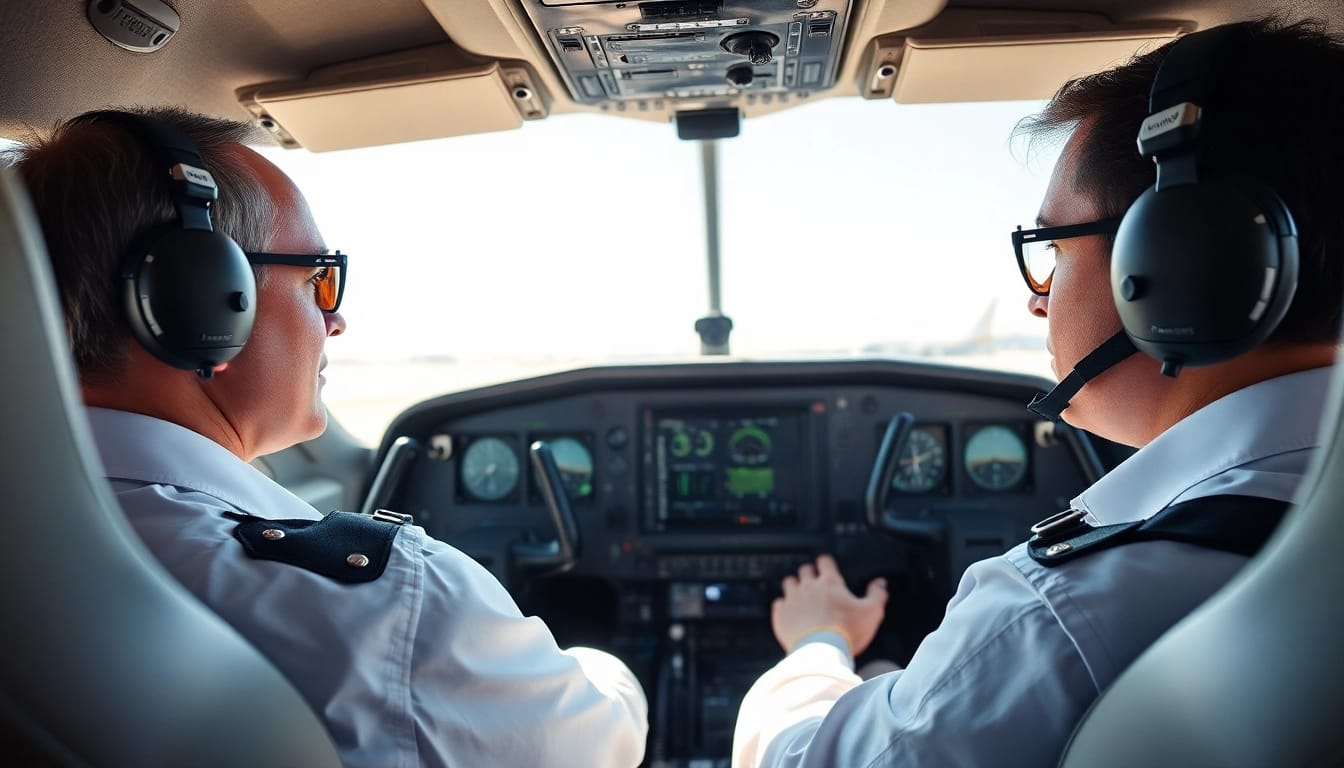 Pilot license training near me with a student and instructor in a flight simulator cockpit.
