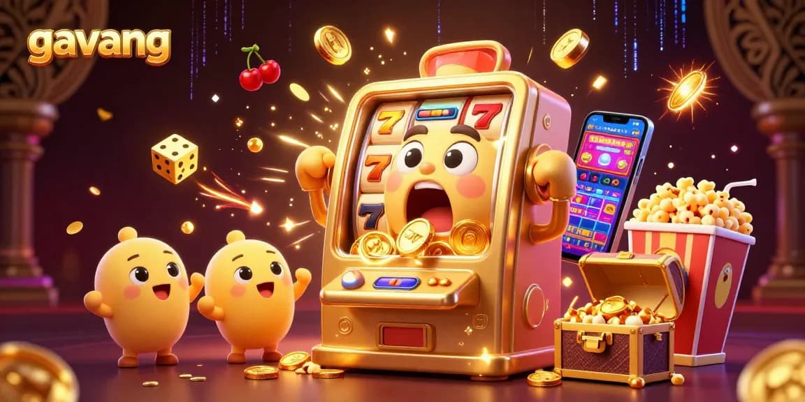 Experience the thrill of the gavang slot machine jackpot as coins erupt, surrounded by cheering slots and festive elements.