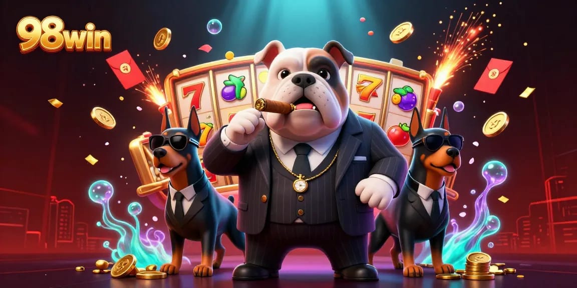 Experience the thrill of 98win with a dynamic casino illustration featuring a bulldog mob boss and jackpot slots.