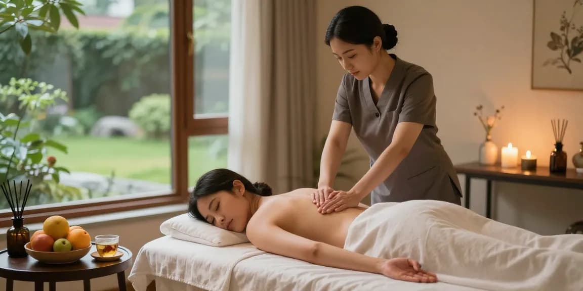 스웨디시 마사지 중인 전문 관리사와 고요한 스파 치료실의 조화로운 장면