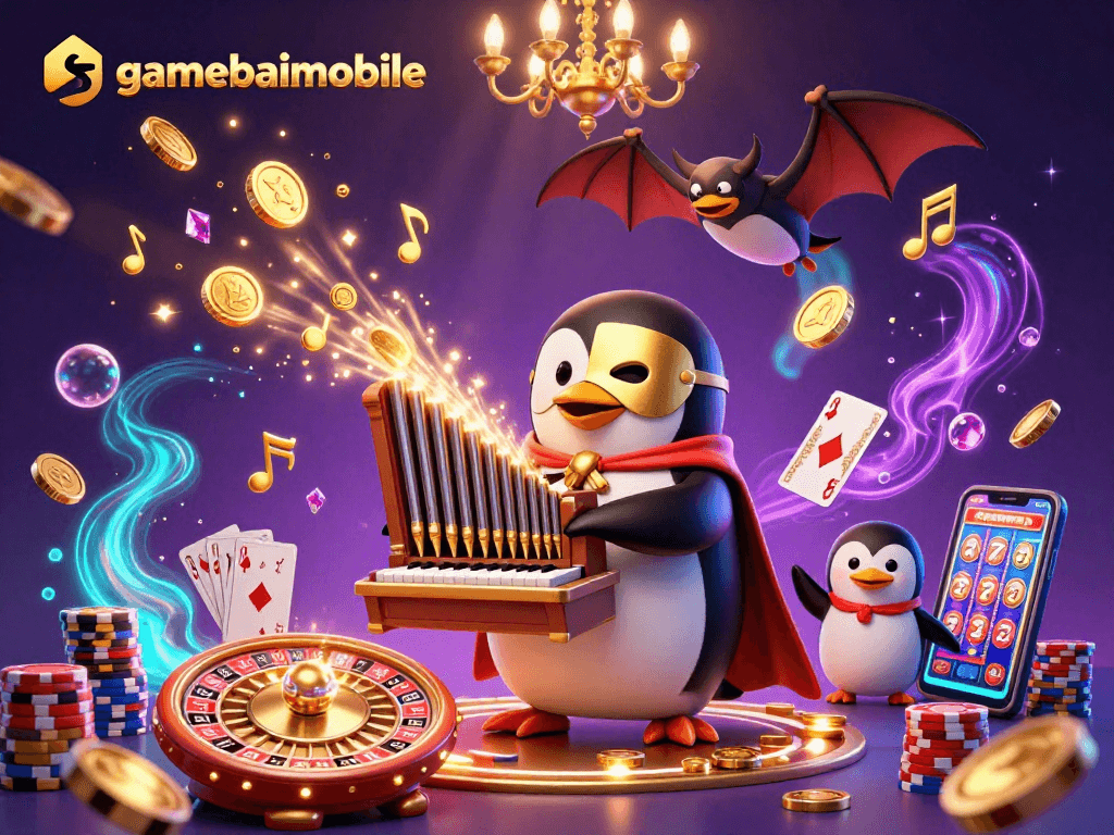 gamebaimobile features a unique 3D scene with a phantom penguin and ghostly musical notes amidst dynamic casino elements.