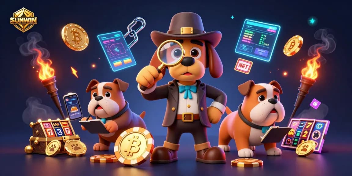 SUNWIN features a 3D cartoon detective exploring a golden poker chip clue amidst vivid casino elements.