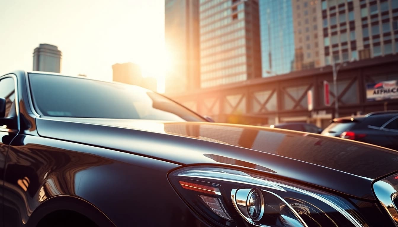 Experience premium vancouver car service in a luxurious sedan showcasing the vibrant Vancouver skyline.