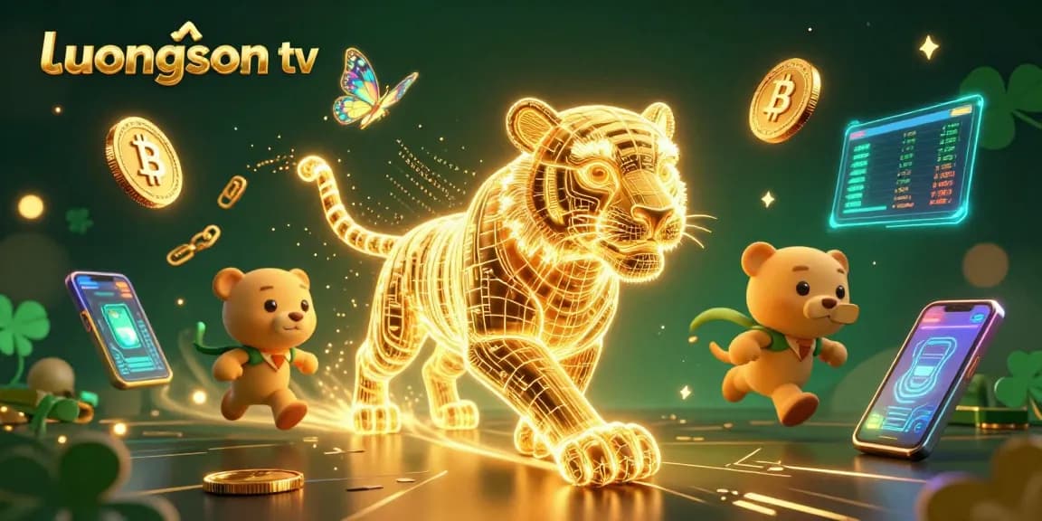 Engage with the thrilling world of luongson tv, featuring vibrant neon designs and cryptocurrency elements.