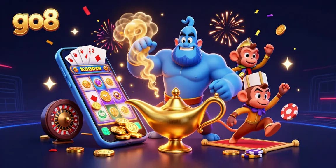Engage with go8's exciting online gaming experience filled with vibrant casino elements and characters.