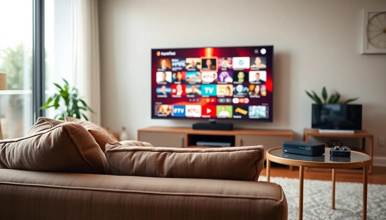 Experience FREE IPTV Trial setup in a cozy living room with vibrant channels displayed on a modern TV.