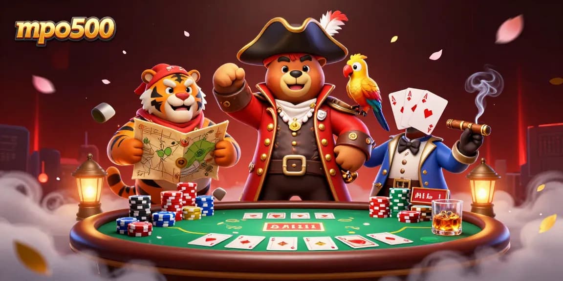 Win big with mpo500: 3D illustration featuring a pirate bear, a fierce tiger, and a golden-feathered parrot.
