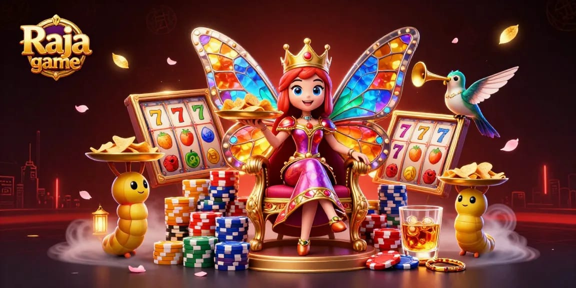 Experience the excitement of the Raja game with a vibrant casino scene packed with dynamic elements and colorful characters.