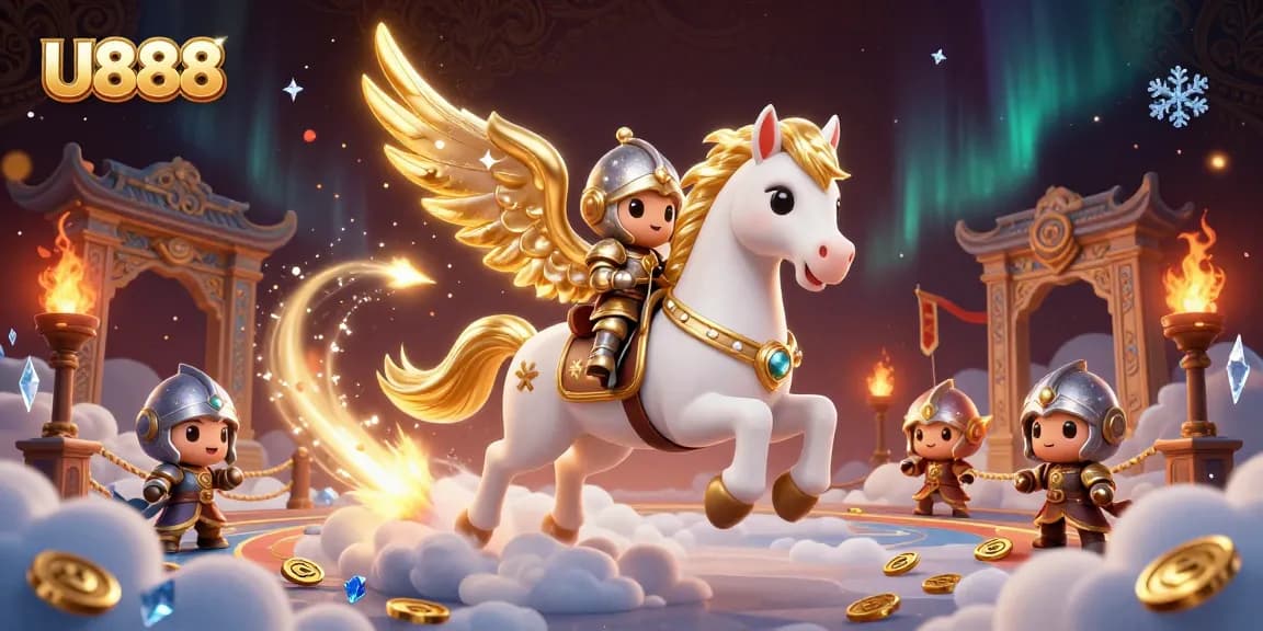 Unleash your luck with U888 as a celestial knight rides through a vibrant casino realm.
