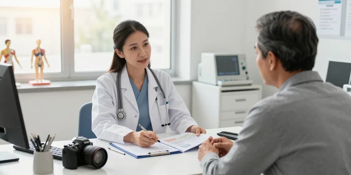 Health screening UAE consultation in a clinical setting with a doctor and patient.