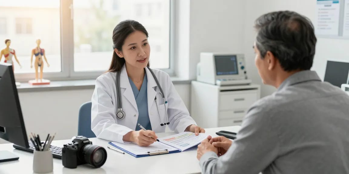 Health screening UAE consultation in a clinical setting with a doctor and patient.