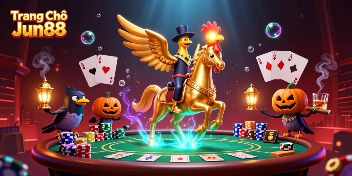 Experience the excitement of Trang Chủ Jun88 with golden rooster and spectral horse at a vibrant casino.