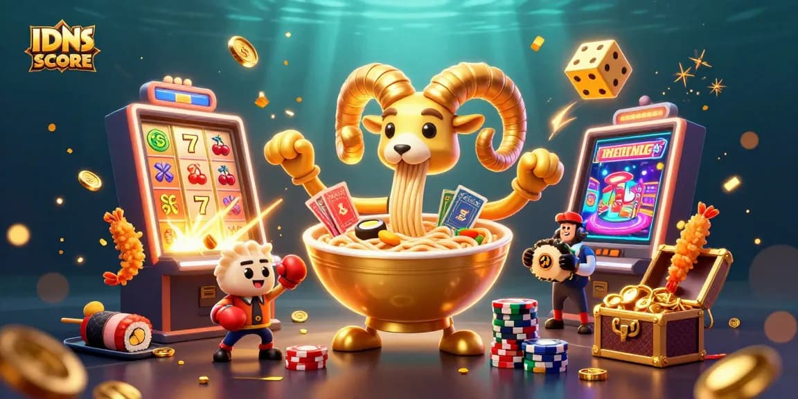 IDNSCORE features a dynamic illustration of a giant ramen bowl character dealing cards in a vibrant casino environment.