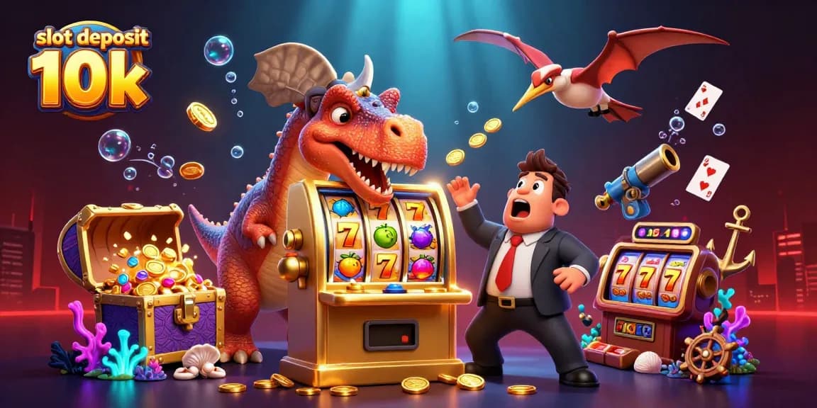 Experience the excitement of slot deposit 10k as a dinosaur wins jackpot coins in a vibrant casino scene.