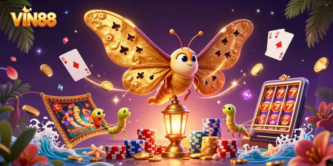 Experience exhilarating gaming at VIN88 with golden coins and royal flush symbols in vibrant casino scene.