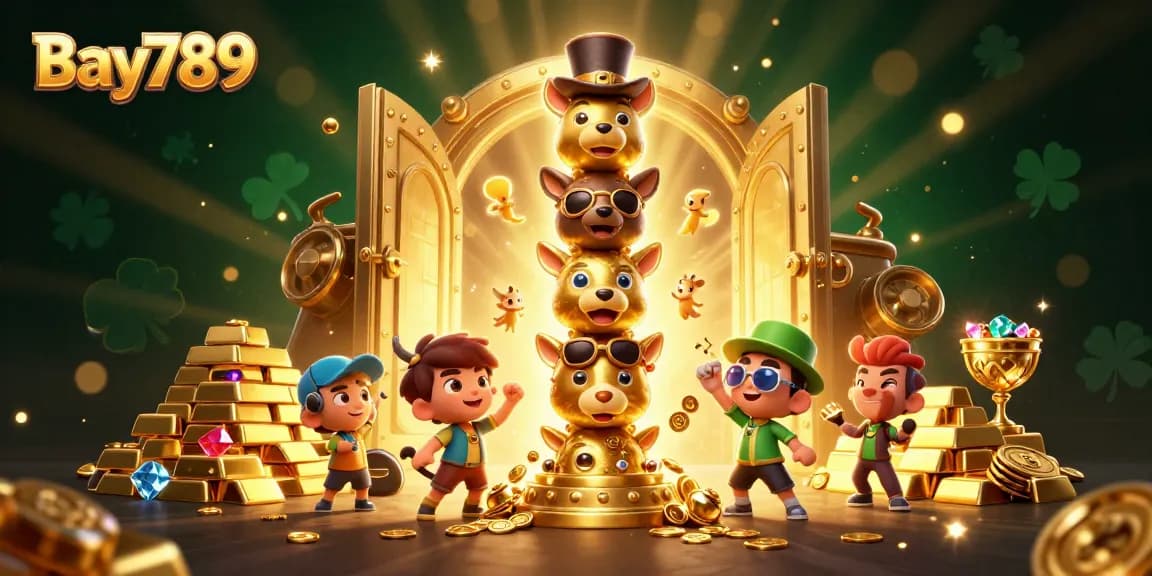 Experience thrilling casino action at Bay789 with a dynamic 3D illustration of a golden totem pole amidst treasures.