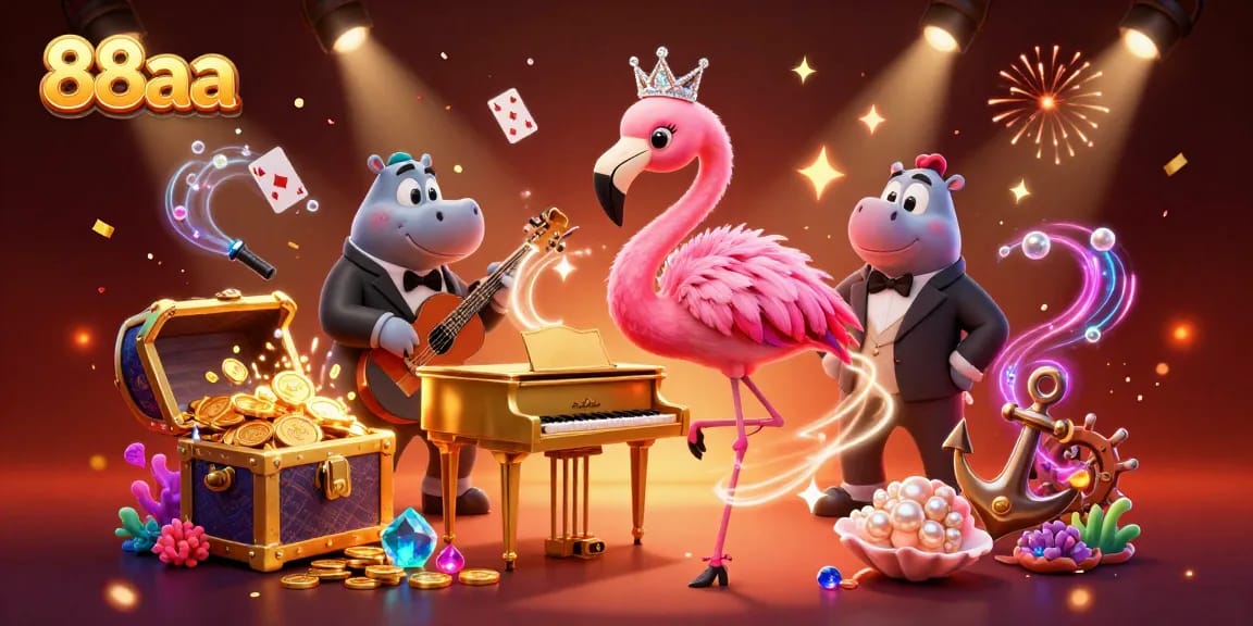Experience the vibrant casino atmosphere with 88aa featuring a singing flamingo and hippo bassist adding charm to the scene.