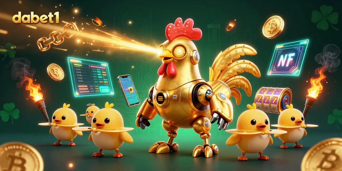 Dabet1's vibrant casino scene with a golden rooster robot and crypto coins, featuring gaming excitement.