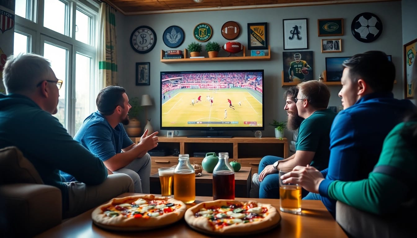 Menampilkan suasana situs nobar dengan teman-teman menikmati streaming sepak bola secara langsung