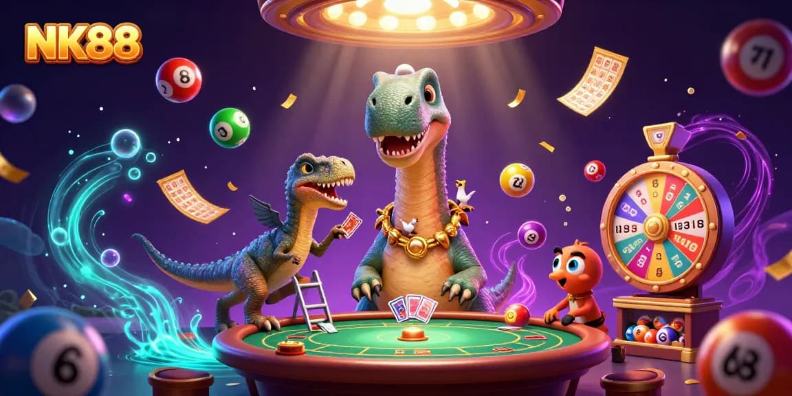 Enjoy thrilling gaming at NK88 with a giant brontosaurus and raptor dealer in a vibrant casino atmosphere.