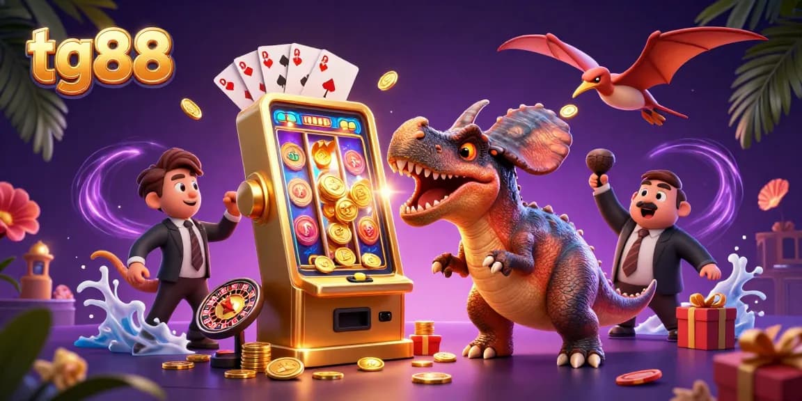 Tg88 features a whimsical pteranodon catching coins during a jackpot win at a colorful casino scene.
