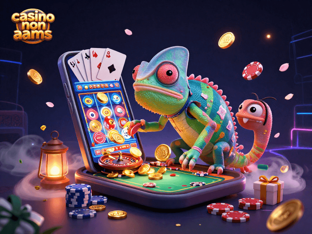Un enorme e colorato camaleonte gestisce un casinò non AAMS, circondato da giochi d'azzardo e monete dorate.