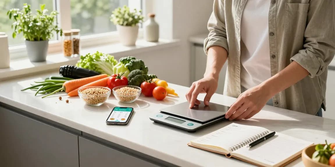Individual measuring ingredients in a bright kitchen while using the best food tracking app for meal prep.