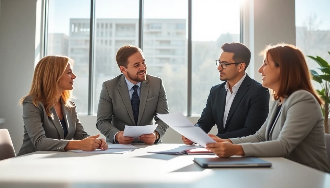 Discussing multi-state title and escrow services in a professional office environment.