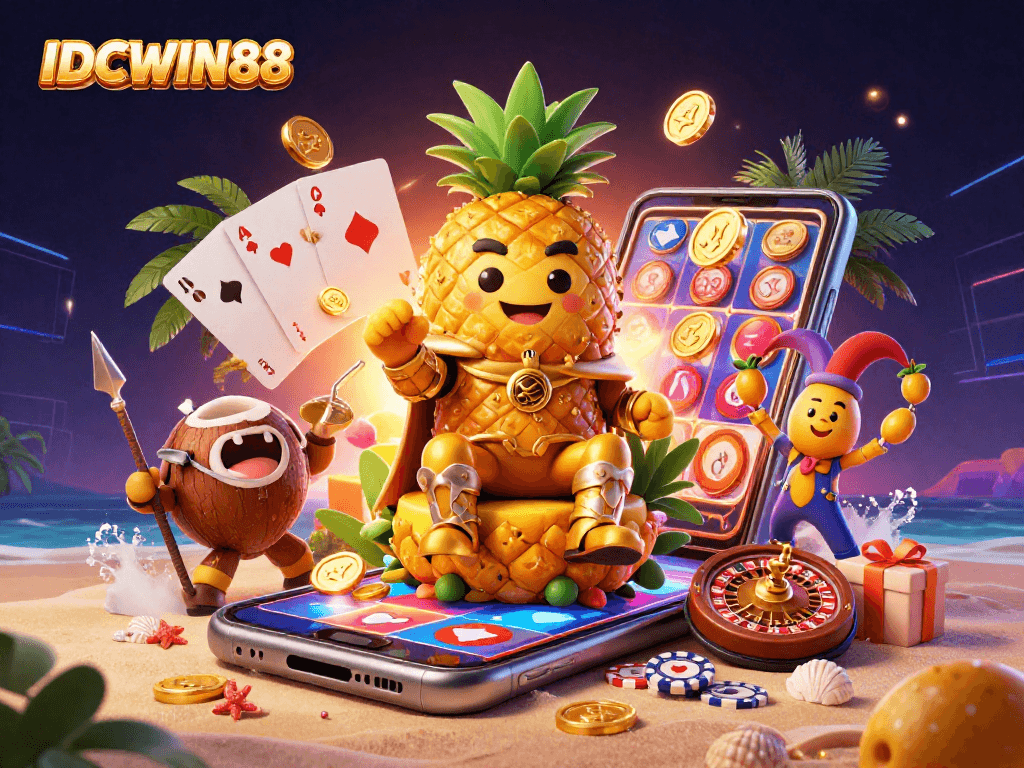 Experience thrilling gameplay with IDCWIN88 in a vibrant beach casino scene showcasing unique characters and games.