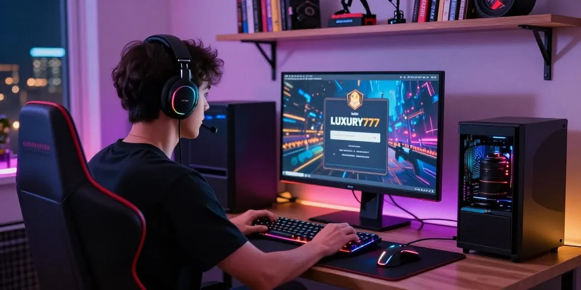 Login LUXURY777 dalam sesi gaming di rumah yang stylish, gamer terfokus dengan perangkat canggih dan pencahayaan menarik.