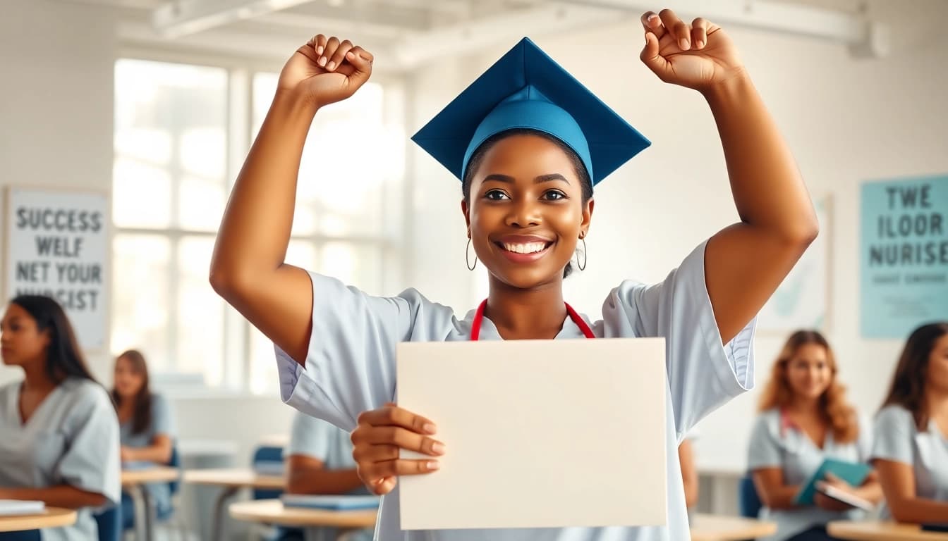 Capture the joy of Houston NCLEX review testimonials with a nursing student celebrating graduation.