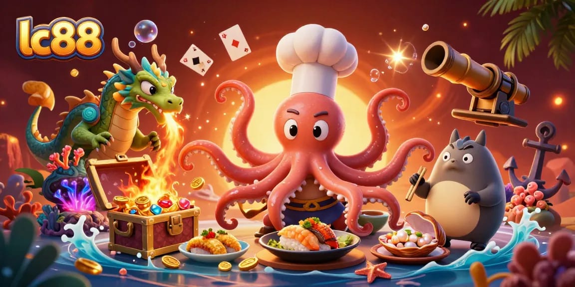 Experience excitement with lc88's joyous octopus chef preparing golden dishes in a vibrant casino world.