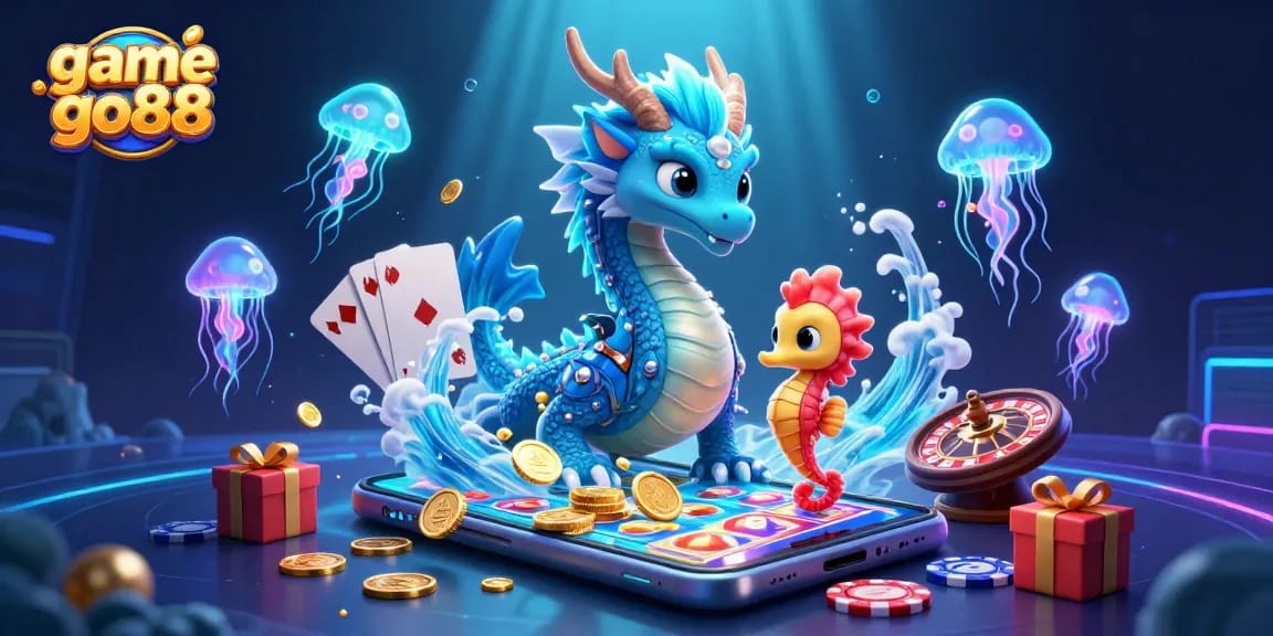 Play game go88 with vibrant casino elements featuring a dragon and seahorse in an underwater world.