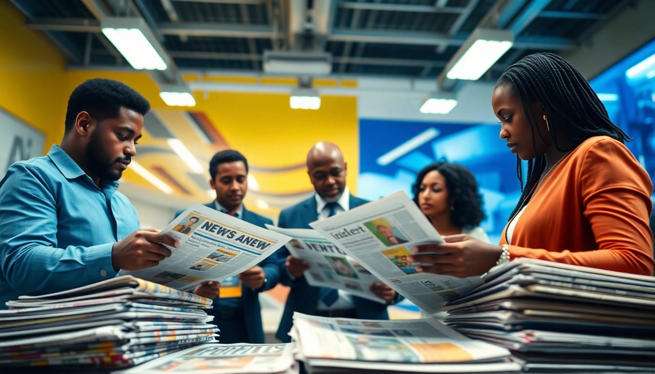 Nigerian Newspapers presented in a busy newsroom showcasing reporters exchanging ideas.