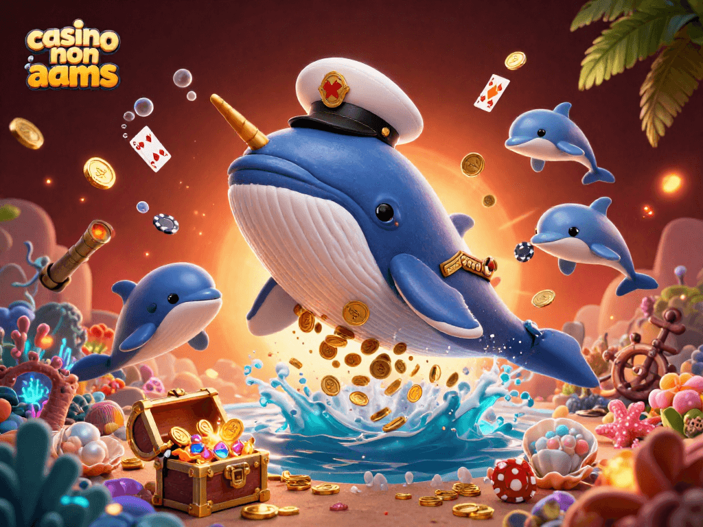 Scopri i migliori casino non AAMS con un fumetto di balene e delfini che giocano mentre si immergono in monete e giochi d'azzardo.
