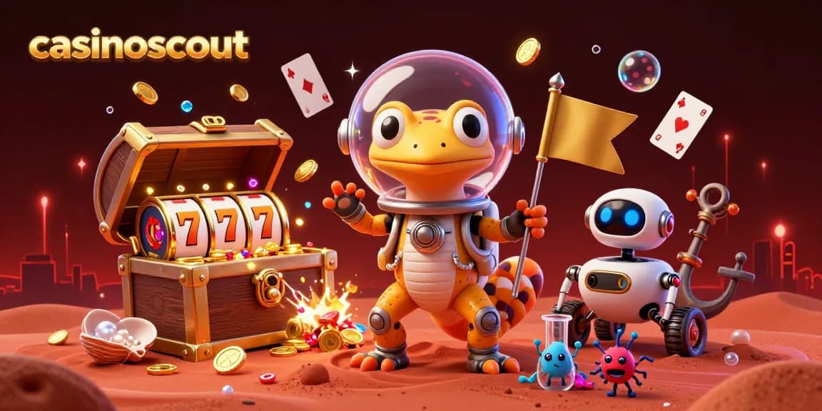 Experience the excitement of casinoscout with a Martian gecko discovering a hidden casino filled with treasures.
