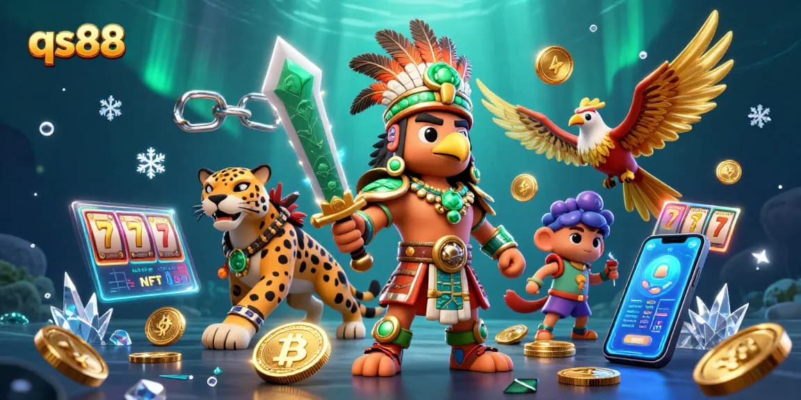 Experience the excitement of qs88 with Aztec warriors and glowing crypto elements in a vibrant casino atmosphere.